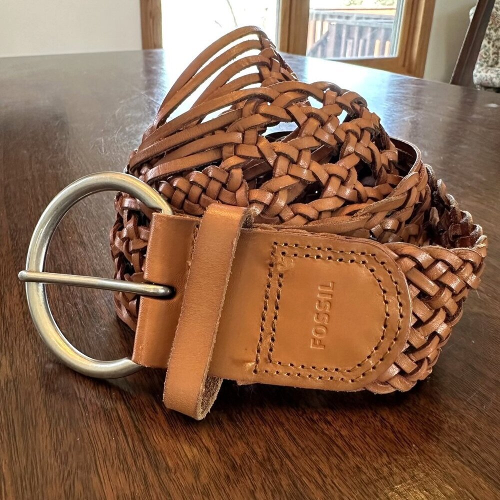 Fossil Tan Brown Woven Leather Braided Wide Boho Belt Size Large